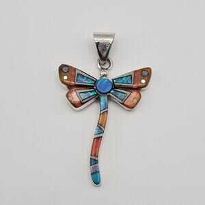 Dragonfly Blue Opal Orange Gemstone Micro Inlay Sterling Silver Pendant